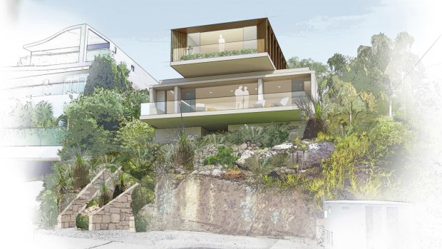 Sloped block: A artist's impression of a house in Northbridge designed by Mladen Prnjatovic, of Tzannes Associates. Financial difficulties resulted in the project not proceeding.