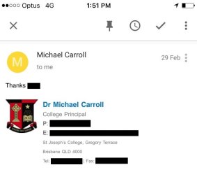 An email exchange between Terrace principal Dr Michael Carroll and a former student