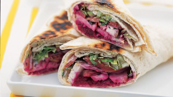 Recipe image for goodfood.com.au. Lebanese chargrilled chicken wrap (Murdoch Books).