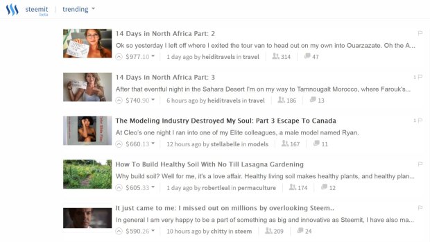 'Trending' posts seen on the Steemit website, along with the amount each post has earnt its author in Steem.