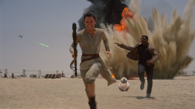 New characters Rey and Finn in <i>Star Wars: The Force Awakens</i>.