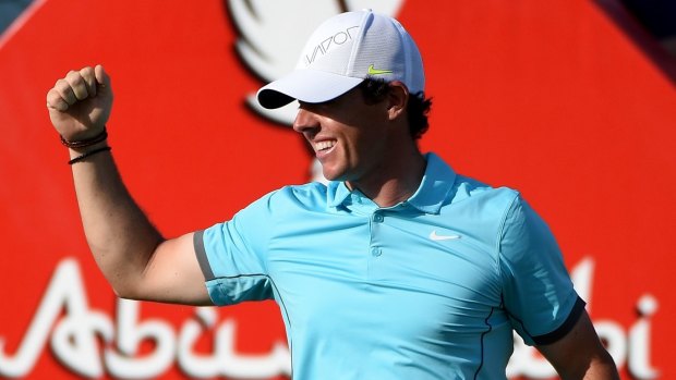 Rarity: Rory McIlroy of Northern Ireland celebrates his hole-in-one on the par-three 15th hole during the second round of the Abu Dhabi HSBC Golf Championship on January 16.