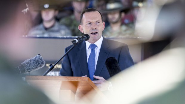 Prime Minister Tony Abbott farewells 300 Defence Force members, primarily drawn from Brisbane's 7th Brigade, at Gallipoli Barracks, Enoggera.