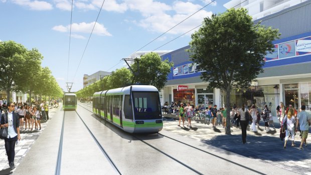 An artist's impression of the Gungahlin interchange of Canberra's proposed light rail network, which will travel past Harrison via Flemington Road.
