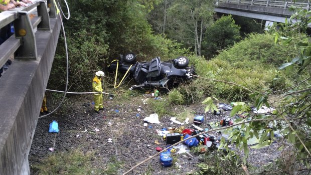 The Toyota Hilux that veered off a bridge on the NSW central coast, trapping the driver.