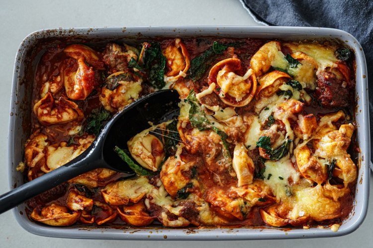 Sausage, kale and tortellini pasta bake.