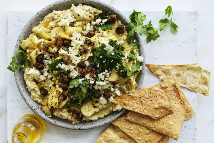 Artichoke salad with lemon, capers, chilli and feta.