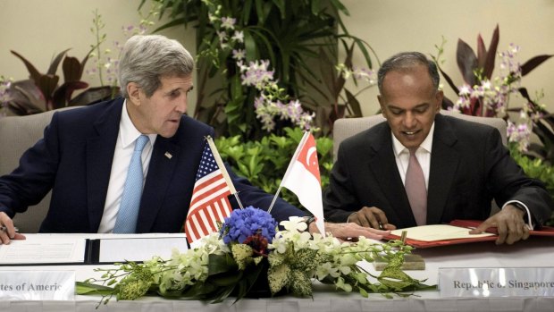 Singapore's foreign minister Kasiviswanathan Shanmugam and US Secretary of State John Kerry at the Shangri-La Hotel in Singapore before the ASEAN talks got underway in Kuala Lumpur.