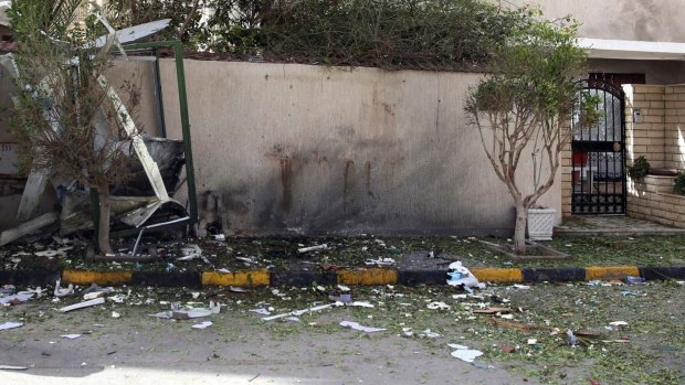 Damage at the entrance to the residence of the Iranian ambassador to Libya after Sunday's bomb attack.