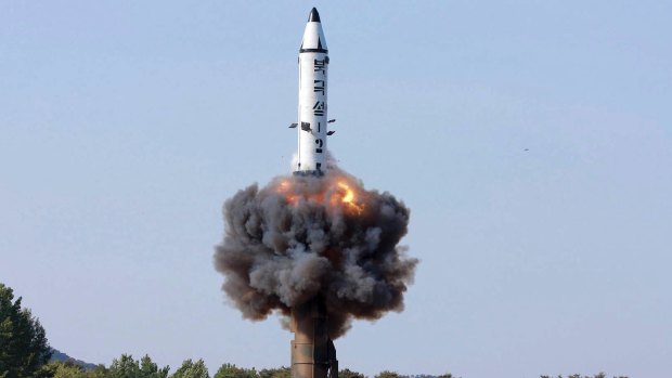 A solid-fuel "Pukguksong-2" missile lifts off during its launch test at an undisclosed location in North Korea in May.