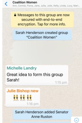 A screencap of the secret 'Coalition Women' WhatsApp group obtained by Fairfax Media.