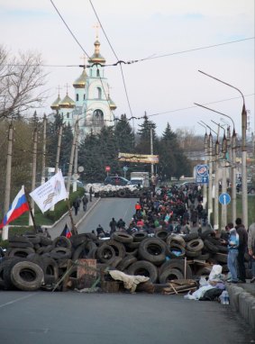 Stand-off: A barricade erected by pro-Russian militants outside the Kramatorsk air base.