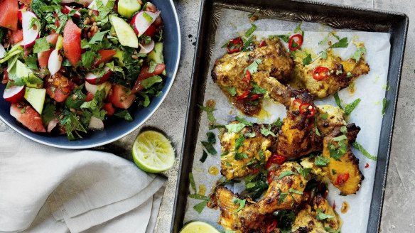 The Three Blue Ducks' chilli-glazed chicken and watermelon, spelt and radish salad. 