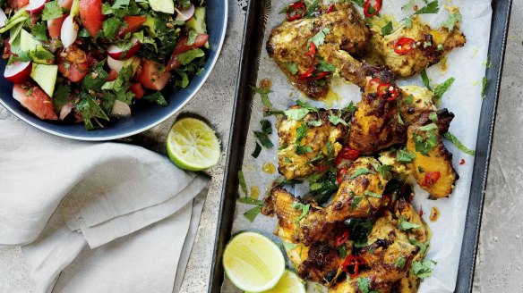 Chilli-glazed chicken served with watermelon, spelt and radish salad. 