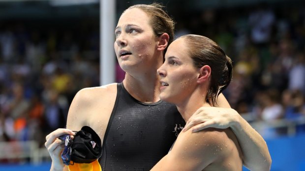 Sisters in arms: Cate and Bronte Campbell after the 100m freestyle final.