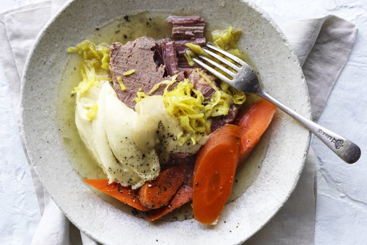  Corned silverside with slow-cooked carrots and mustard sauce