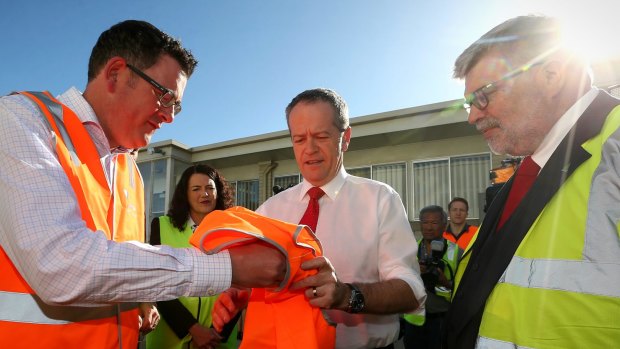Opposition Leader Bill Shorten during a visit to Backwell IXL together with Premier of Victoria Daniel Andrews and Senator Kim Carr.