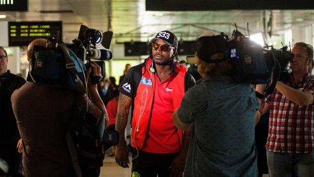 Chris Gayle faces the media at Melbourne's Tullamarine Airport.