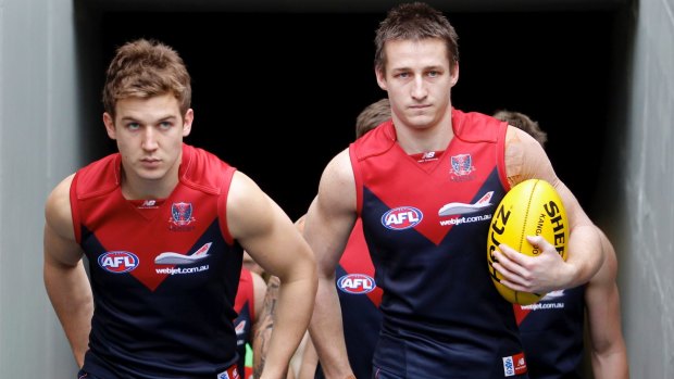 Too soon: Melbourne co-captains Jack Trengove and Jack Grimes in 2012.