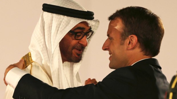 Middle East rapproche: French President Emmanuel Macron is welcomed by the Crown Prince of Abu Dhabi Mohammed bin Zayed al-Nahayan to the official opening of Louvre Abu Dhabi Museum last week.
