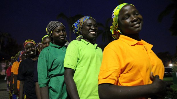 Chibok school girls recently freed from captivity wait to meet with Nigeria's President, Muhammadu Buhari, at the Presidential palace in Abuja, Nigeria, last May.