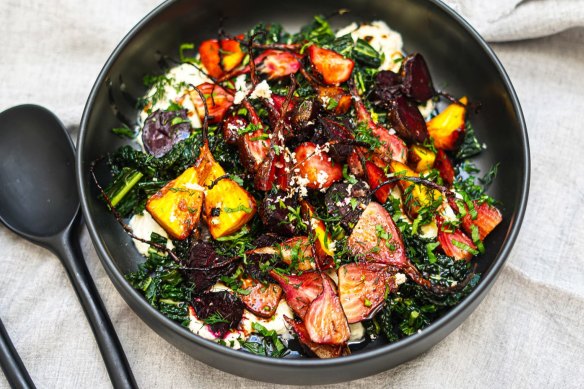Slow-cooked beetroot salad with horseradish ricotta.
