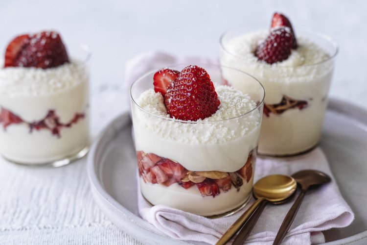 White chocolate, ricotta and strawberry parfait.

