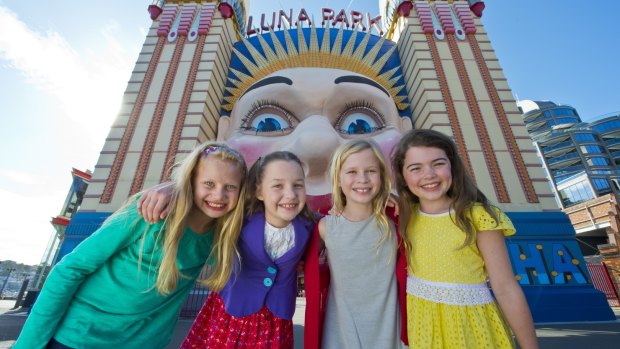 <i>Matilda the Musical</i> stars Georgia, Bela, Sasha and Molly at Luna Park Sydney.

