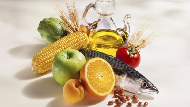 Ffish, fruit, vegetables, cereals, beans, and olive oil are typical of a Mediterranean diet.