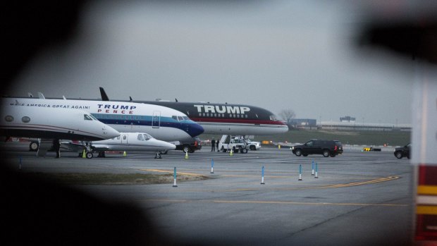 The planes of US President-elect Donald J. Trump stand at LaGuardia Airport.