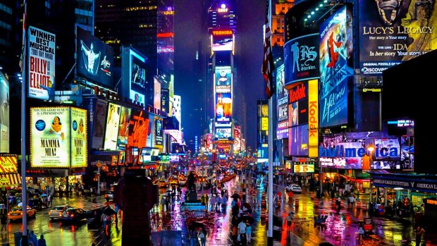 Times Square in New York on a rainy night. 