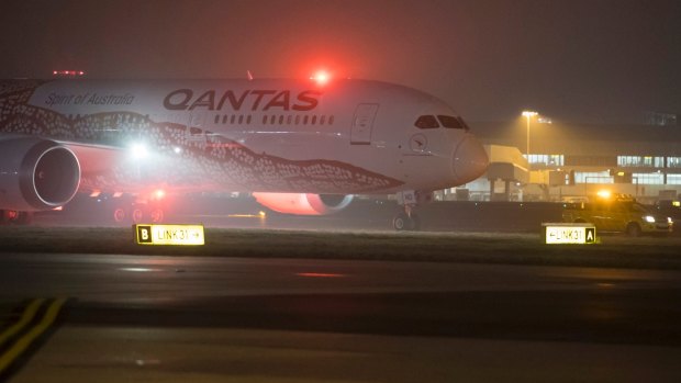 QF9 arrives at Heathrow Airport after it's 17-hour flight from Perth.