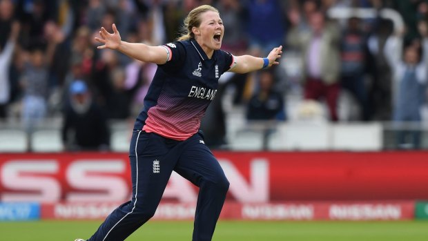 Anya Shrubsole of England celebrates after taking the final India wicket.