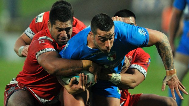 At home in blue: Paul Vaughan in Italian colours at the 2013 Rugby League World Cup.