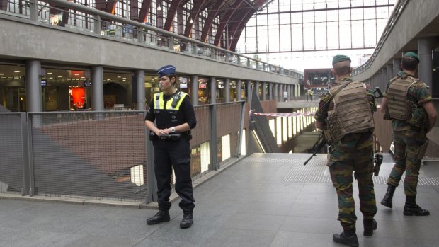 Heightened security at Antwerp Central train station on Saturday.