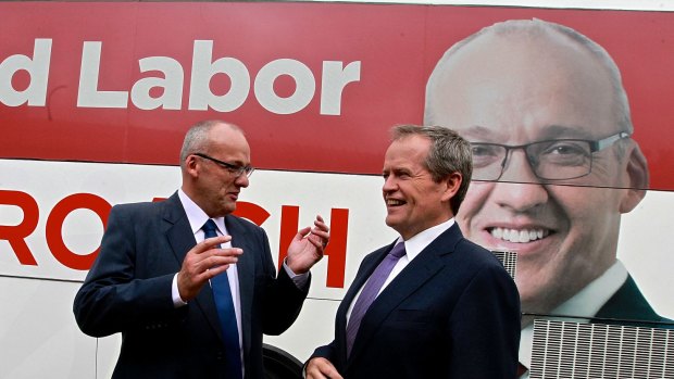 NSW Labor leader Luke Foley and federal Opposition Leader Bill Shorten on the campaign trail in Sydney on Tuesday.