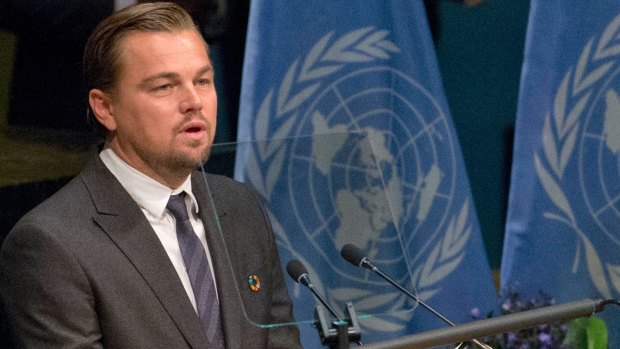 Leonardo DiCaprio speaks during the Paris Agreement on climate change ceremony at the UN headquarters earlier this year.