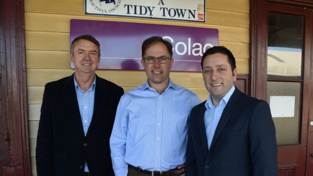Richard Riordan on the day he won Liberal Party pre-selection for the Polwarth electorate with former member Terry Mulder (left) and Opposition leader Matthew Guy (right)