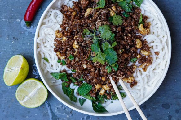 Caramelised pork and cashew stir-fry.