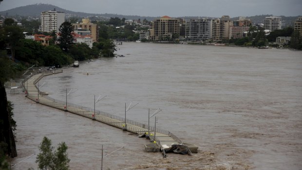 Brisbane's Riverwalk floating walkway at New Farm missing part of the walkway.