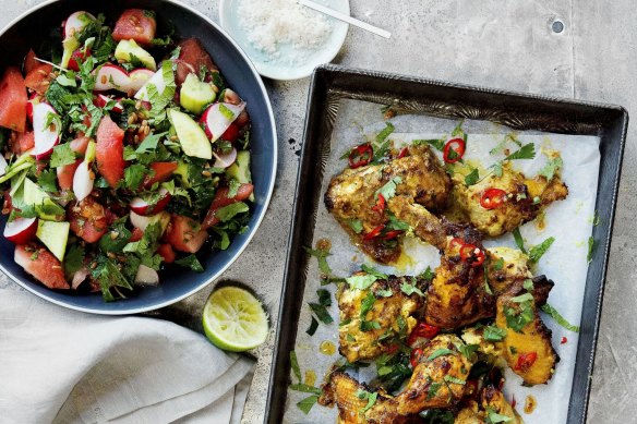 The Three Blue Ducks' chilli-glazed chicken and watermelon, spelt and radish salad. 