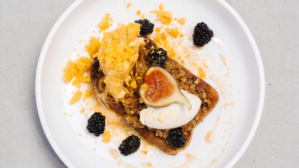 Brioche french toast with blackberries, black figs, freeze-dried mandarin and Golden Gaytime-inspired ice-cream at Soul Tree Cafe.