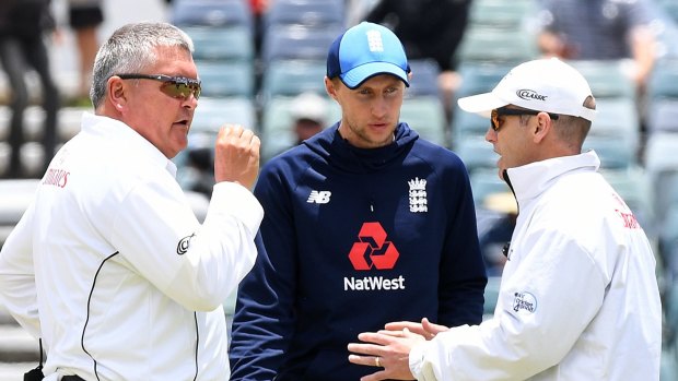 England captain Joe Root talks with the umpires on day five of the third Test.