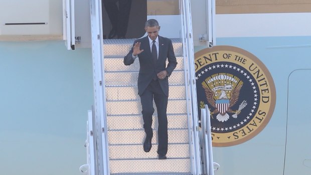 US President Barack Obama arrives at RAAF Base Amberley.