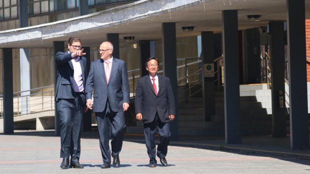 Ryde Labor councillor Jerome Laxale with NSW Opposition Leader Luke Foley and candidate Peter Kim on Sunday.