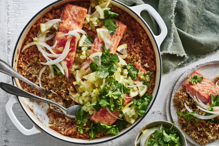 Karen Martini's baked ocean trout with spiced rice pilaf and a coriander, lemon and lime salsa.