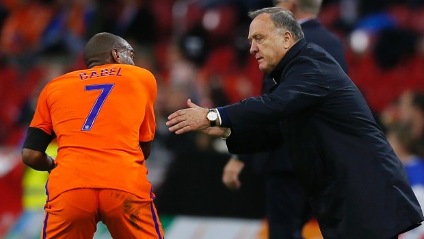 Year to forget: Dick Advocaat gestures with Netherland's Ryan Babel during a World Cup qualifying match between the Netherlands and Sweden.