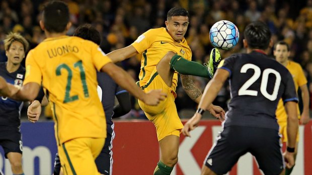 Talisman: Tim Cahill attempts to control the ball during the World Cup qualifier between Australia and Japan in Melbourne last October.