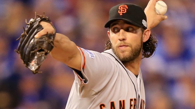 Madison Bumgarner of the Giants pitches during the narrow win over the Royals.