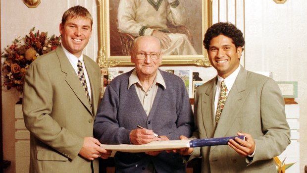 Three greats: Shane Warne, Don Bradman and Sachin Tendulkar celebrate The Don's 90th birthday in Adelaide in 1998.